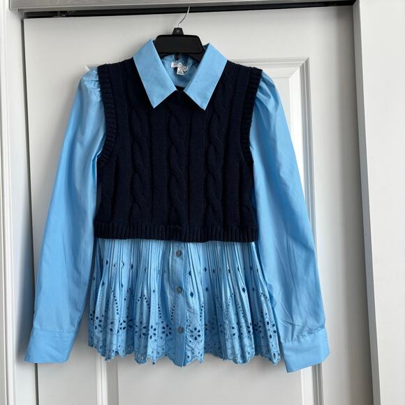 Current Air Blue Contrast Eyelit Top Sz M Academia Cable Knit Preppy - Picture 2 of 11